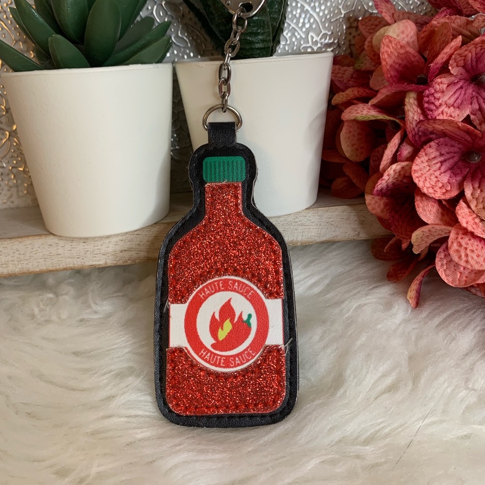 Haute Sauce Bottle Red Glitter Keychain